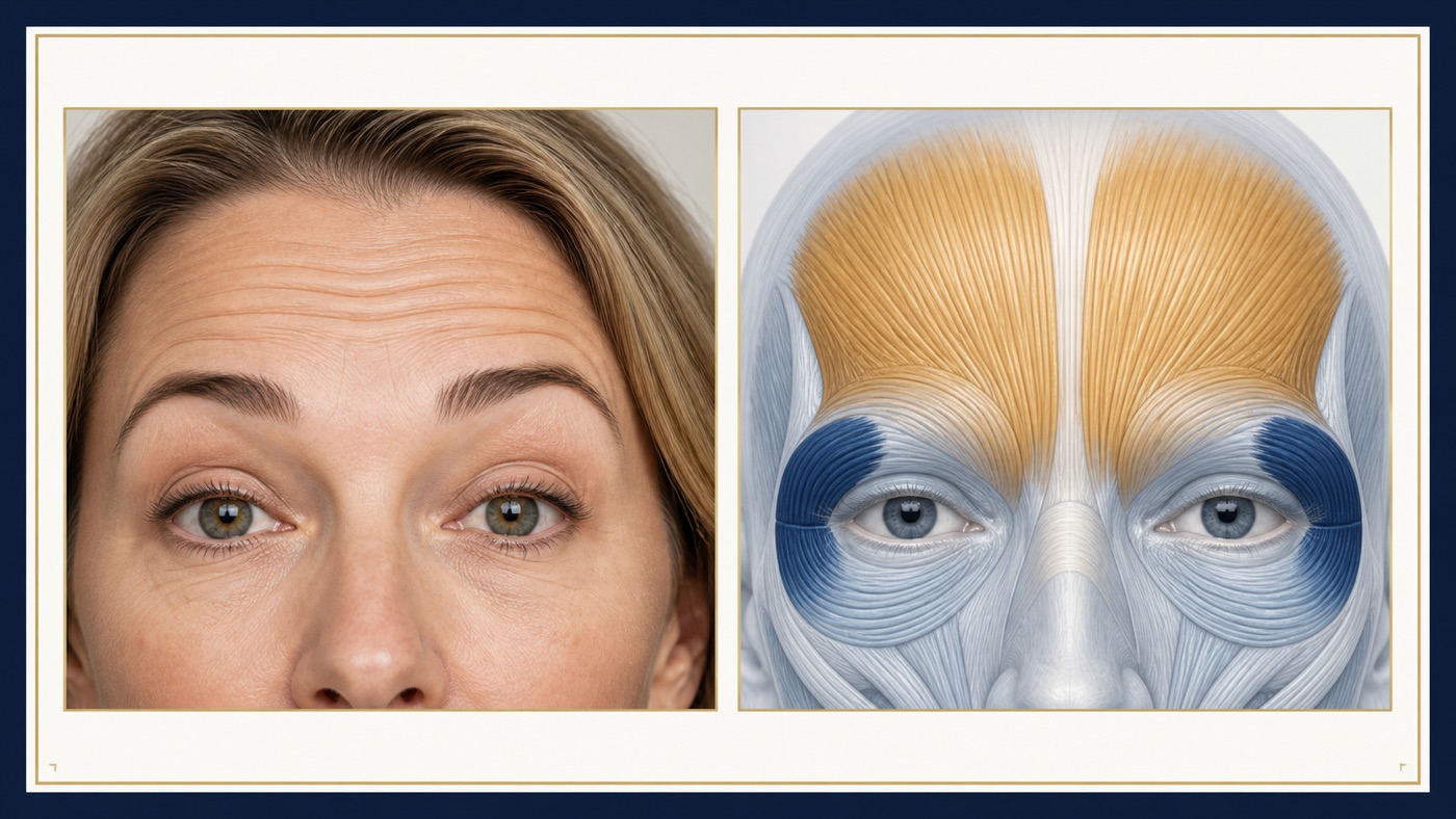 Raised outer eyebrows beside an anatomical illustration showing the balance between frontalis and orbicularis oculi