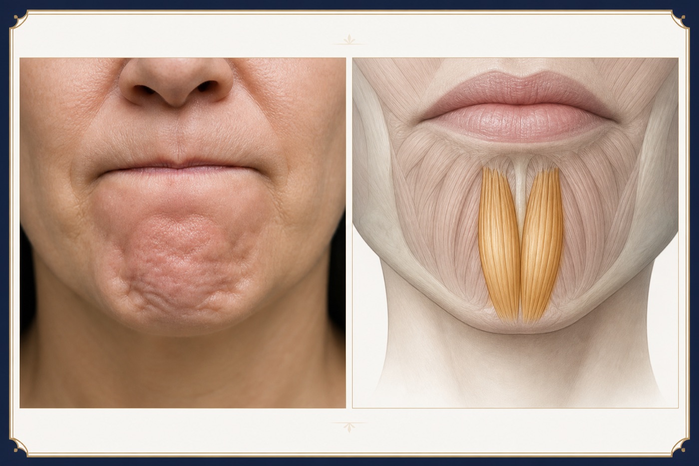 Dimpled chin beside an anatomical illustration highlighting the paired mentalis muscles