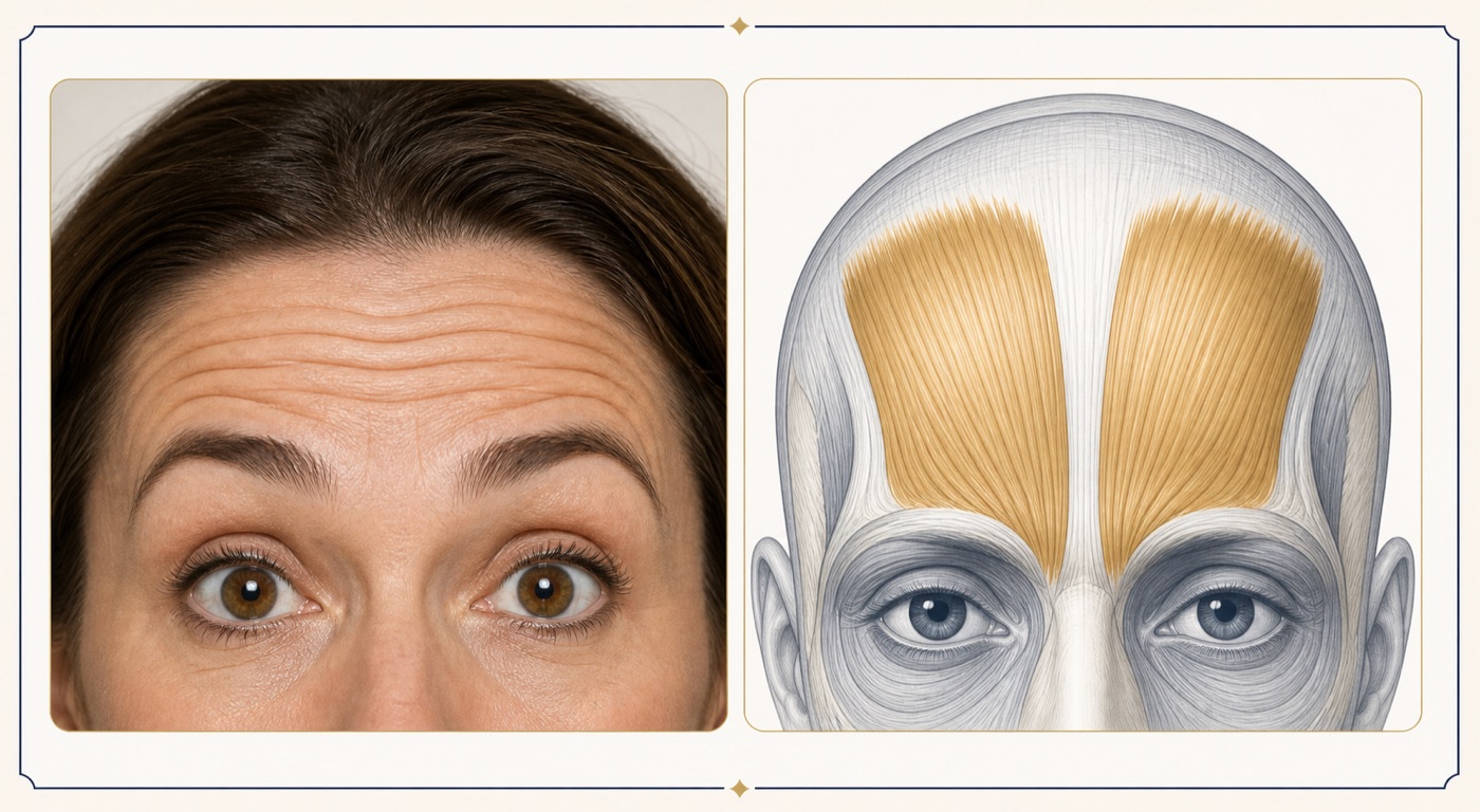 Raised eyebrows and horizontal forehead lines beside an anatomical illustration highlighting the frontalis muscles