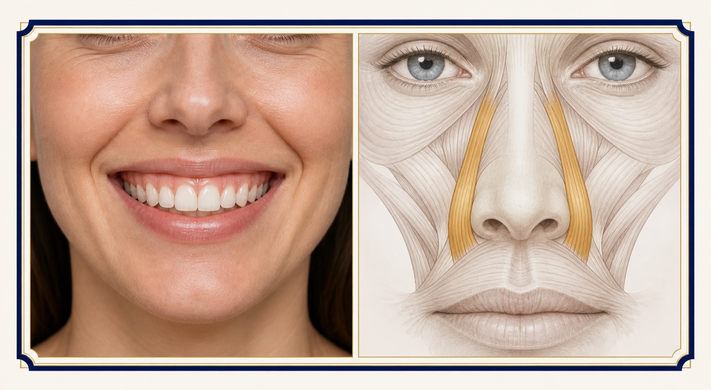 Gummy smile beside an anatomical illustration highlighting the levator labii superioris alaeque nasi muscles