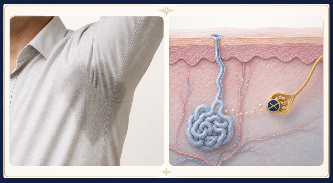 Underarm perspiration beside a skin diagram showing an eccrine sweat gland and reduced cholinergic nerve signalling