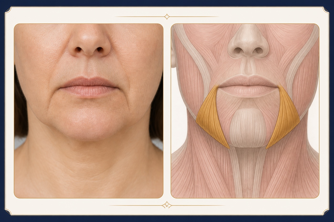 Marionette lines at the corners of the mouth beside an anatomical illustration highlighting depressor anguli oris