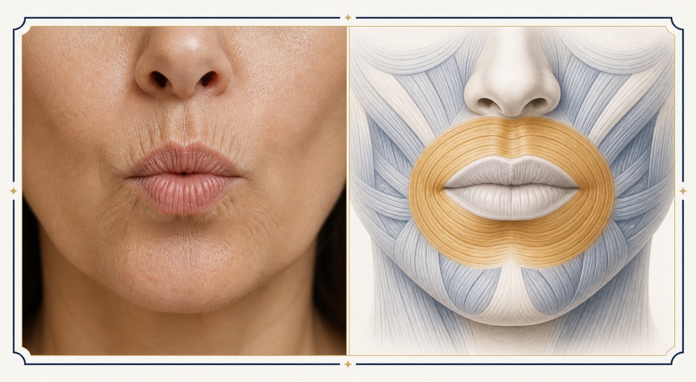 Pursed lips and vertical perioral lines beside an anatomical illustration highlighting orbicularis oris