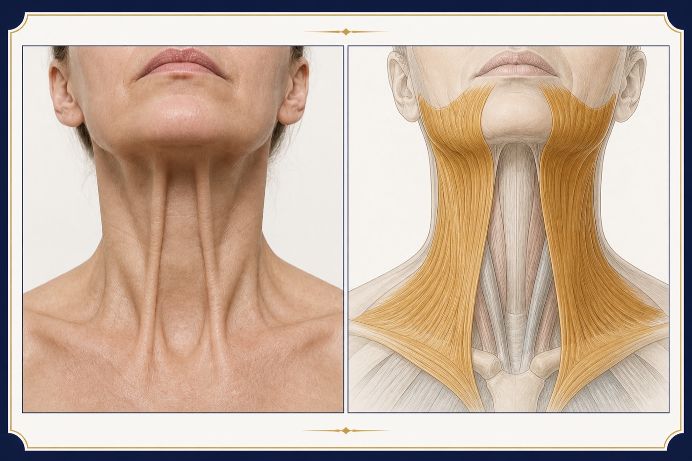 Visible vertical neck bands beside an anatomical illustration highlighting the platysma muscles
